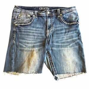Grace in LA Distressed Blue Denim Shorts | Embellishment Embroidery | Size‎ 18